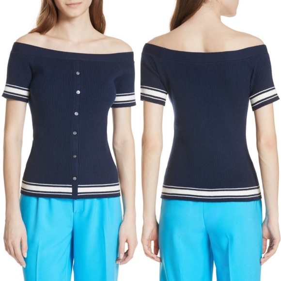 Frame Denim Navy / White Ribbed Off-the-Shoulder Button Down Sweater, sz Med - Picture 11 of 11